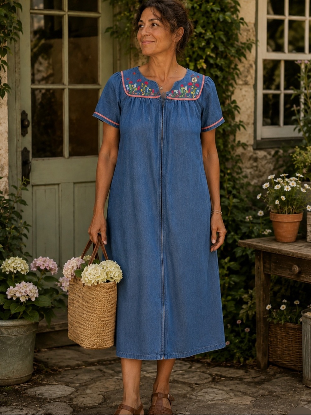 Go Softly Patio Embroidered‎ Birds Short Sleeve Zip Front Denim Patio Dress XL
